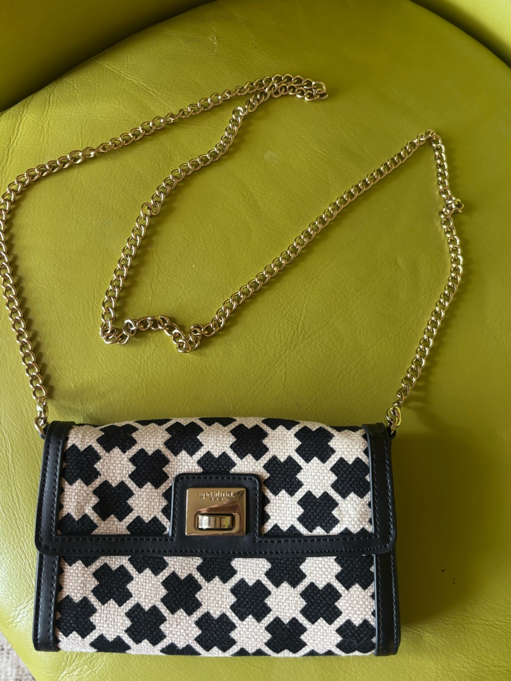 Spartina 449 Black Ivory Woven Crossbody Clutch Gold Chain Bag